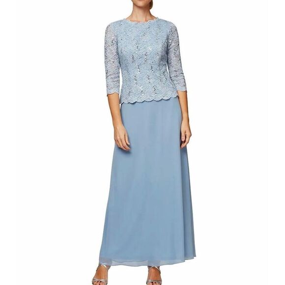 Alex Evenings 3/4 Sleeve Sequined Lace Scalloped Bodice Chiffon Skirted Gown - Picture 1 of 10